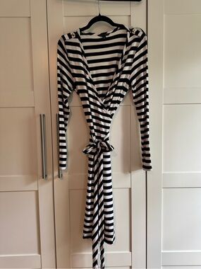 Banana Republic Navy and White Striped Long Sleeve Wrap Dress